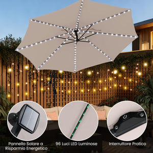 Ombrellone da Giardino 290 cm, con 96 Luci LED, Ombrellone Esterno con Base, Inclinazione Regolabile, Rotazione a 360°, Manovella, Parasole da Giardino (Beige)