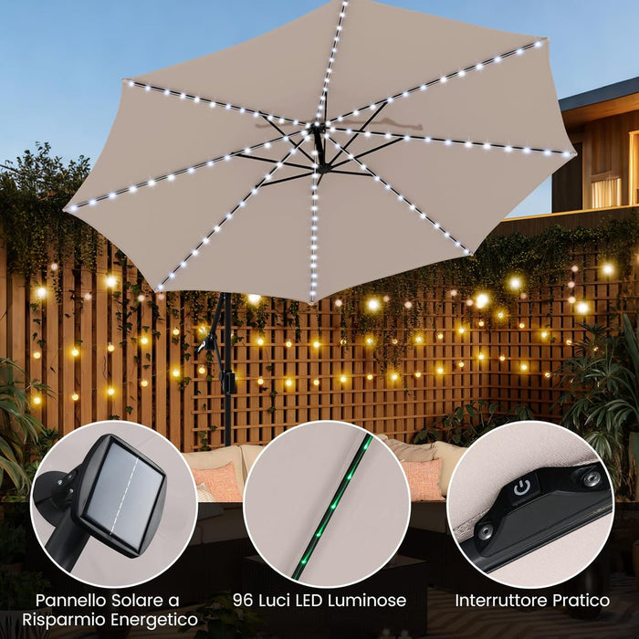 Ombrellone da Giardino 290 cm, con 96 Luci LED, Ombrellone Esterno con Base, Inclinazione Regolabile, Rotazione a 360°, Manovella, Parasole da Giardino (Beige)