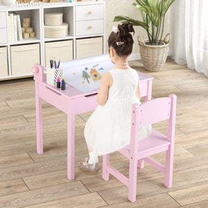 Set Tavolo e Sedia d’Arte per Bambini 3+ Anni, Scrivania in Legno di Pino da Disegno con Portarotolo, Piano Ribaltabile & Vano Portaoggetti, Rotolo di Carta (10m) e 2 Pennarelli (Rosa)