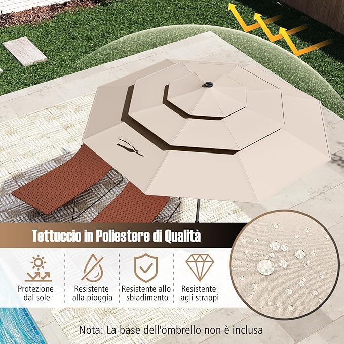 Ombrellone da Patio 313 cm con 32 Luci LED, Tetto Ventilato a 3 Piani, Inclinazioni Regolabili, Manovella, 8 Stecche, Ombrellone da Giardino, Piscina, Spiaggia