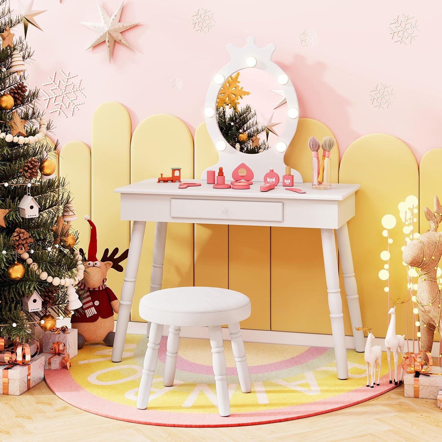 Set Toeletta Trucco per Bambina con Sgabello, Specchiera Trucco Staccabile con Luci LED a 3 Colori, Postazione Trucco Giocattolo con Cassetto e Accessori, per Bambine di 3-7 Anni (Bianco)
