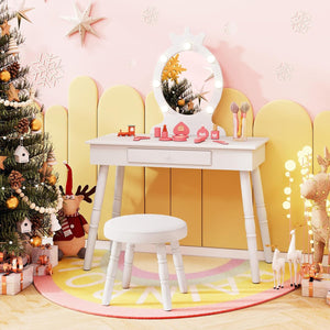Set Toeletta Trucco per Bambina con Sgabello, Specchiera Trucco Staccabile con Luci LED a 3 Colori, Postazione Trucco Giocattolo con Cassetto e Accessori, per Bambine di 3-7 Anni (Bianco)