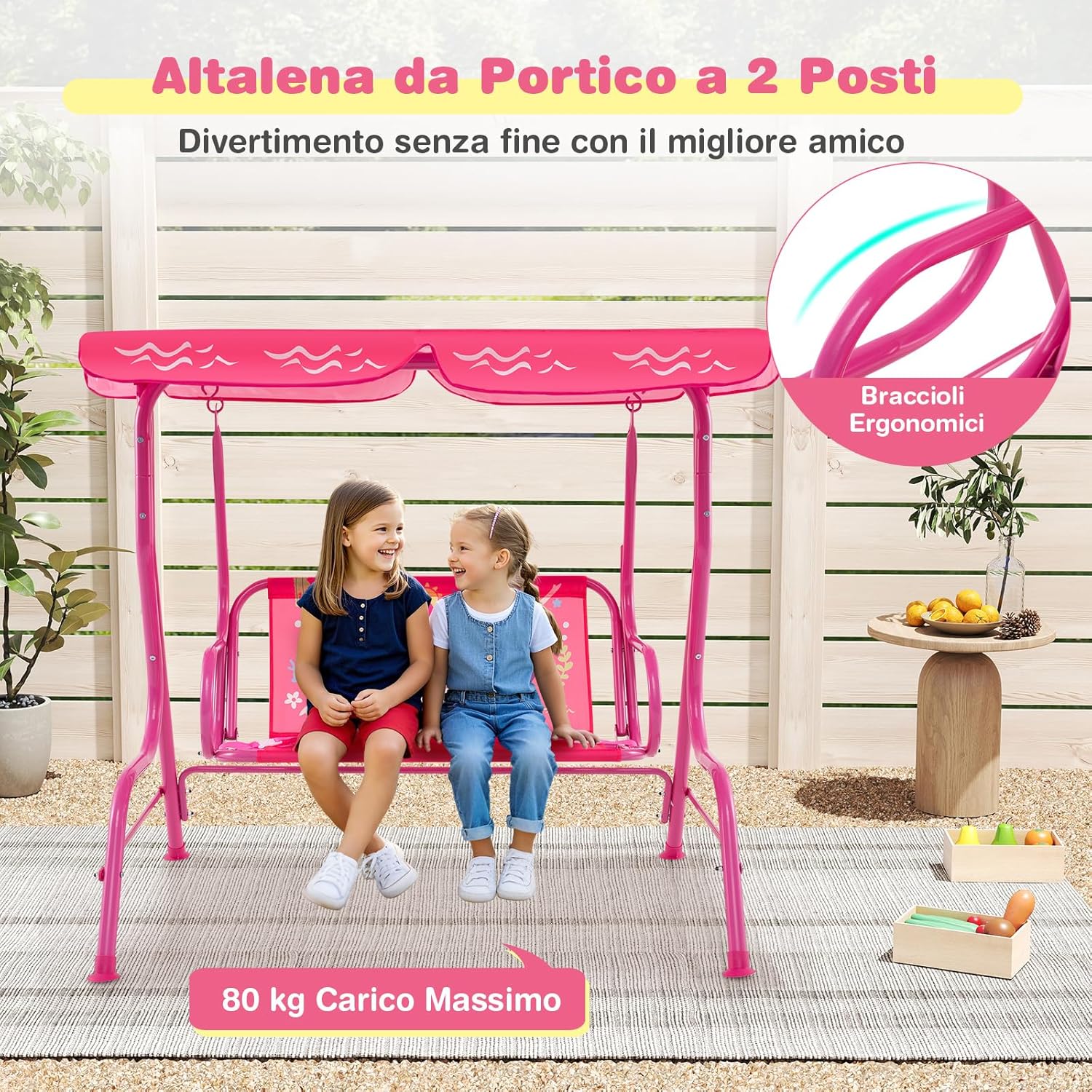 Altalena da Esterno per Bambini, Panchina a Dondolo a 2 Posti con Struttura in Metallo, Tetto Regolabile e Cinture di Sicurezza, per Bambini 3+Anni, Portata 80 kg (Rosa)