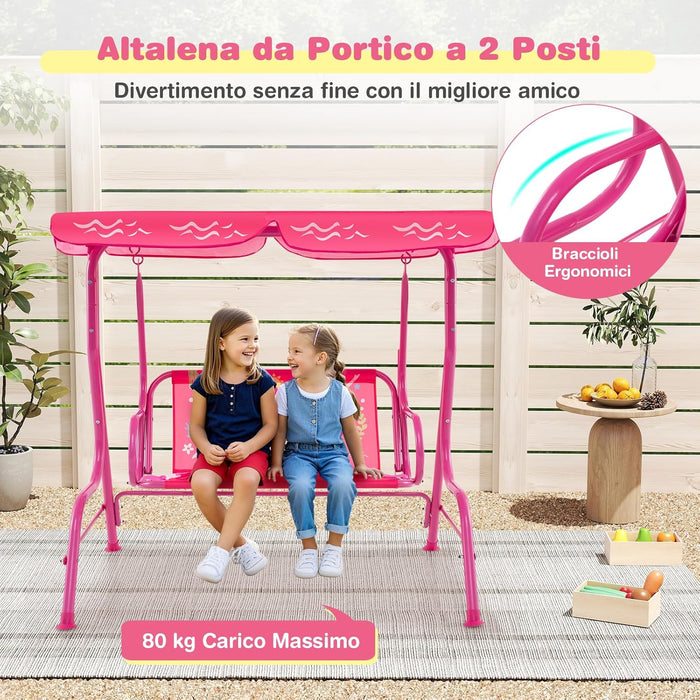 Altalena da Esterno per Bambini, Panchina a Dondolo a 2 Posti con Struttura in Metallo, Tetto Regolabile e Cinture di Sicurezza, per Bambini 3+Anni, Portata 80 kg (Rosa)