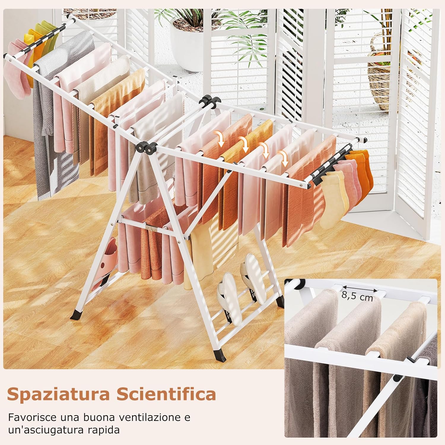 Stendibiancheria con 18 Barra, Stendino Pieghevole in Metallo con Ali Regolabili in Altezza, Clips per Calzini, Supporto per Abbigliamento Autoposante a Ali per Interno Esterno (Bianco)