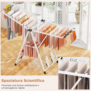 Stendibiancheria con 18 Barra, Stendino Pieghevole in Metallo con Ali Regolabili in Altezza, Clips per Calzini, Supporto per Abbigliamento Autoposante a Ali per Interno Esterno (Bianco)