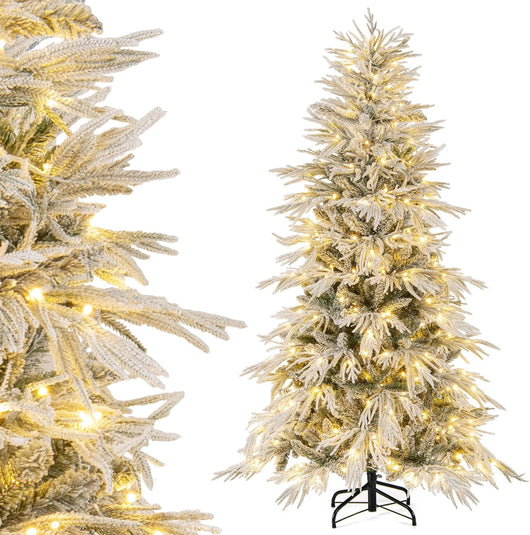 Albero di Natale Artificiale Innevato 180 cm, Albero di Natale Pre-illuminata con 250 Luci LED Bianco Caldo, 594 Punte di Ramo e Supporto in Metallo