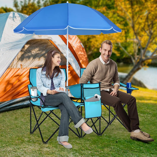 2 Sedie da Campeggio con Ombrellone, Pieghevole Doppia Sedia da Pesca con Portabicchieri e Borsa Frigo, Sedia Pieghevole per 2 Persone, 5 Colori (Verde)