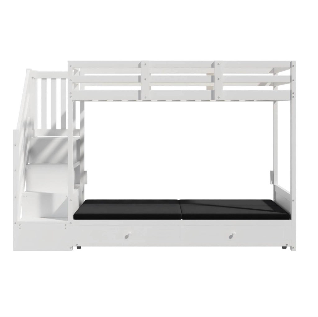 Letto a castello ULEVR 90x200 cm con divano regolabile, scala contenitore e 2 cassetti, bianco