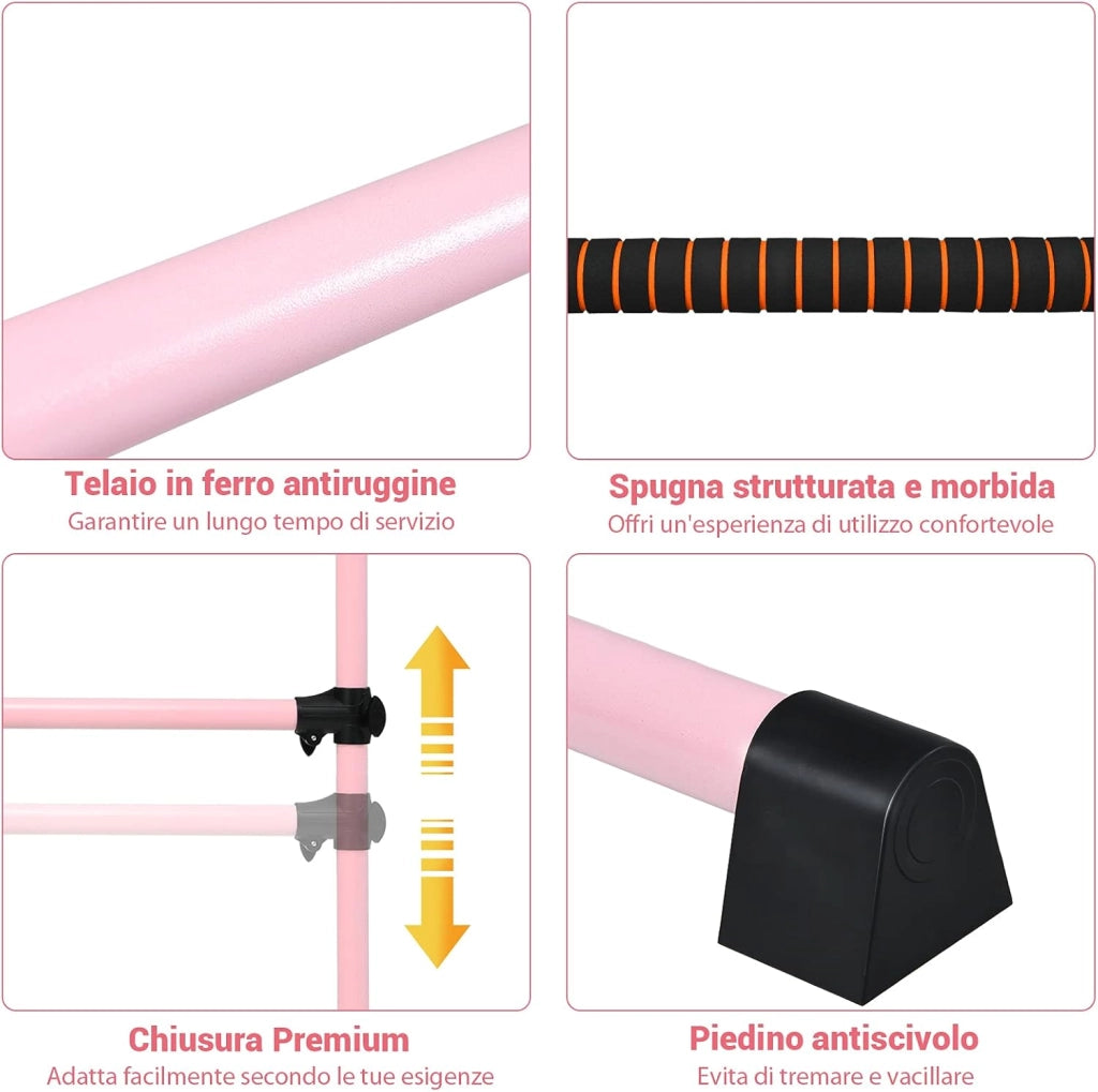 Sbarra da Balletto Doppia in Metallo, Portatile e Regolabile in Altezza con Cuscinetti Antiscivolo e Base Girevole, Ideale per Allenamento Stretch, Carico Massimo 50 kg