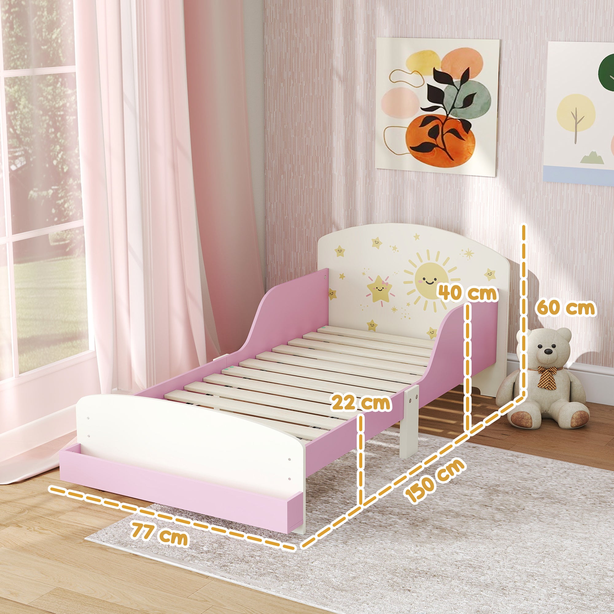 Letto Basso per Bambini 3-8 Anni 150x77x60 cm con Spazio Contenitore e Sponde Laterali in MDF Rosa