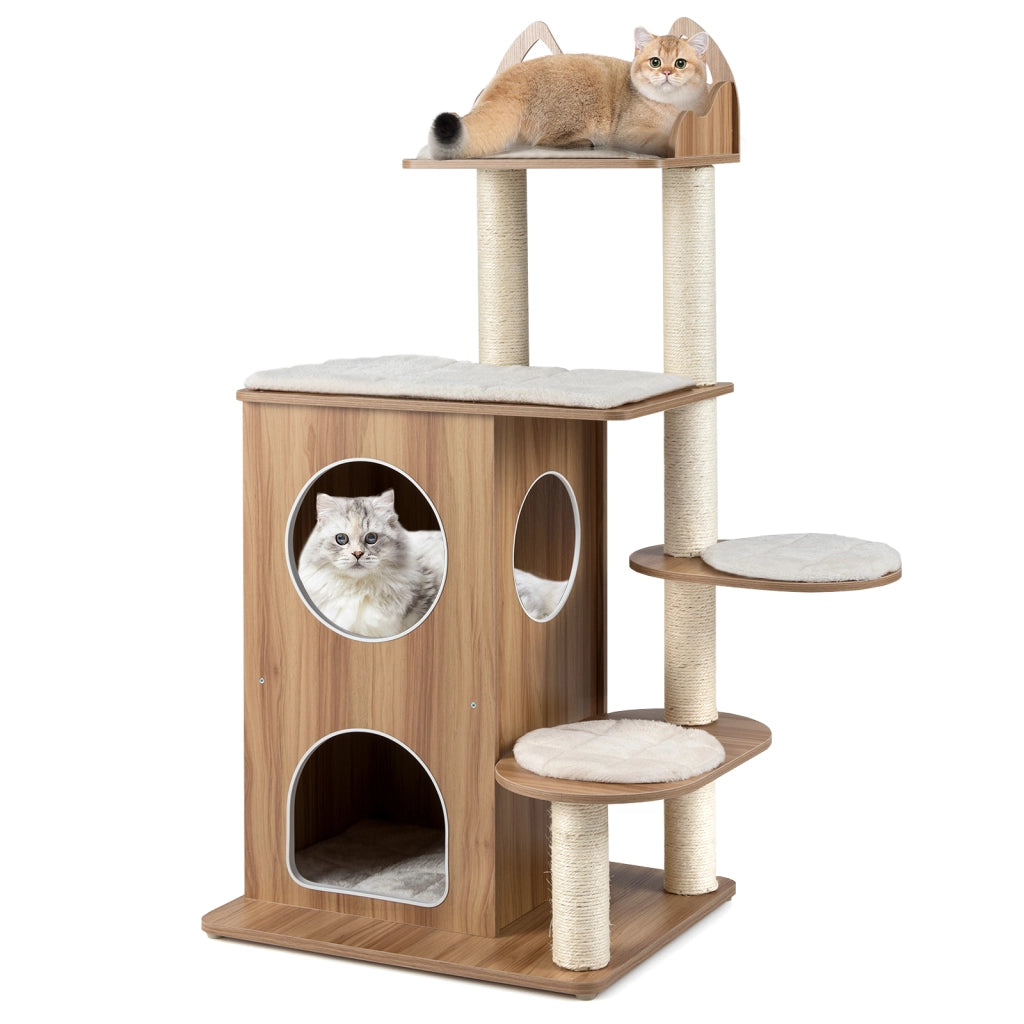 Albero per gatti in legno condominio 2 piani 3 piattaforme con cuscin-Torre per gatti piattaforma testa di gatto posti grattare sisal