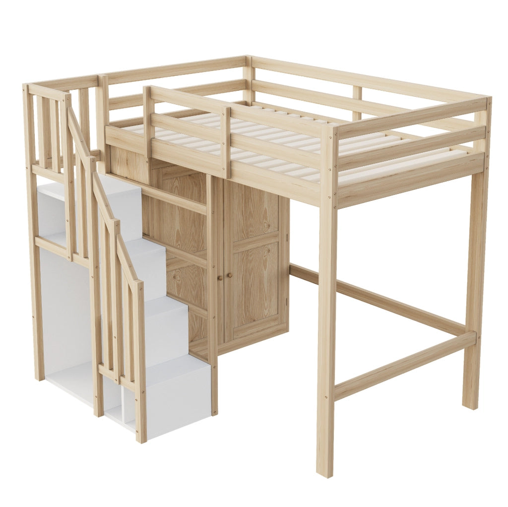 Letto a soppalco 90x200 cm con armadio e scala contenitore colore legno naturale