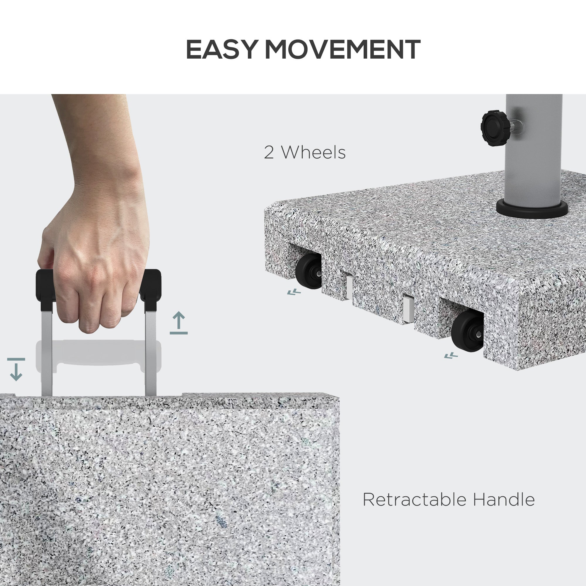 Base per Ombrellone da 28kg in Granito con Maniglia Estensibile e Rotelle 41x41x37.5cm Grigio