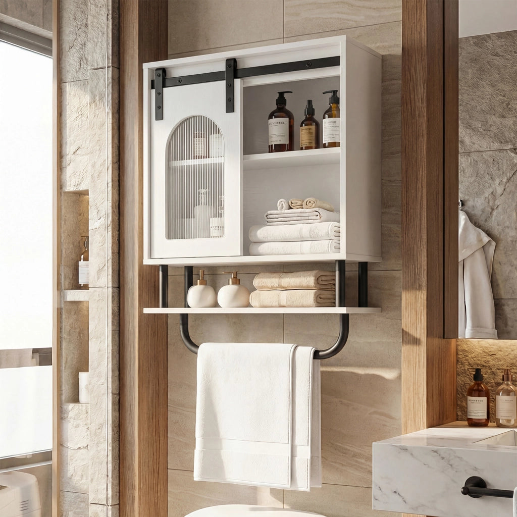 Armadietto bagno parete legno pensile ripiano aperto anta scorrevole portasciugamani, Armadietto medicinali salvaspazio cucina soggiorno 50x20x70cm