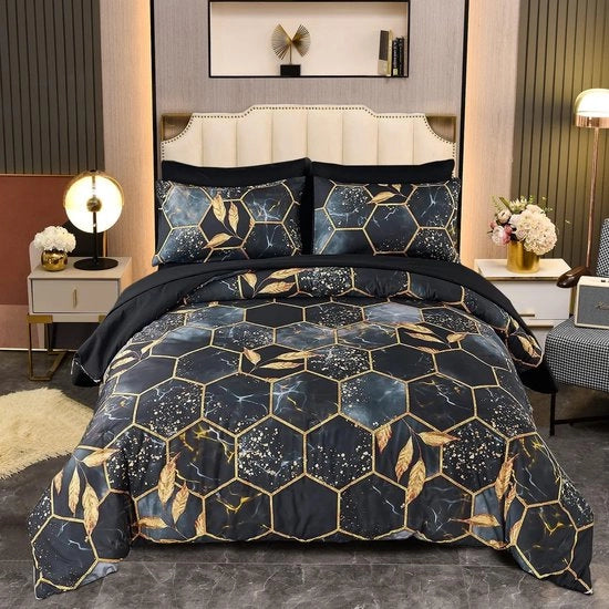 Biancheria da letto 3D marmo, 135 x 200 cm, 2 pezzi, nero-oro, motivo marmo geometrico, biancheria da letto lussuosa, 100% microfibra, set di biancheria da letto, coperta morbida con chiusura a zip e cuscini 80 x80
