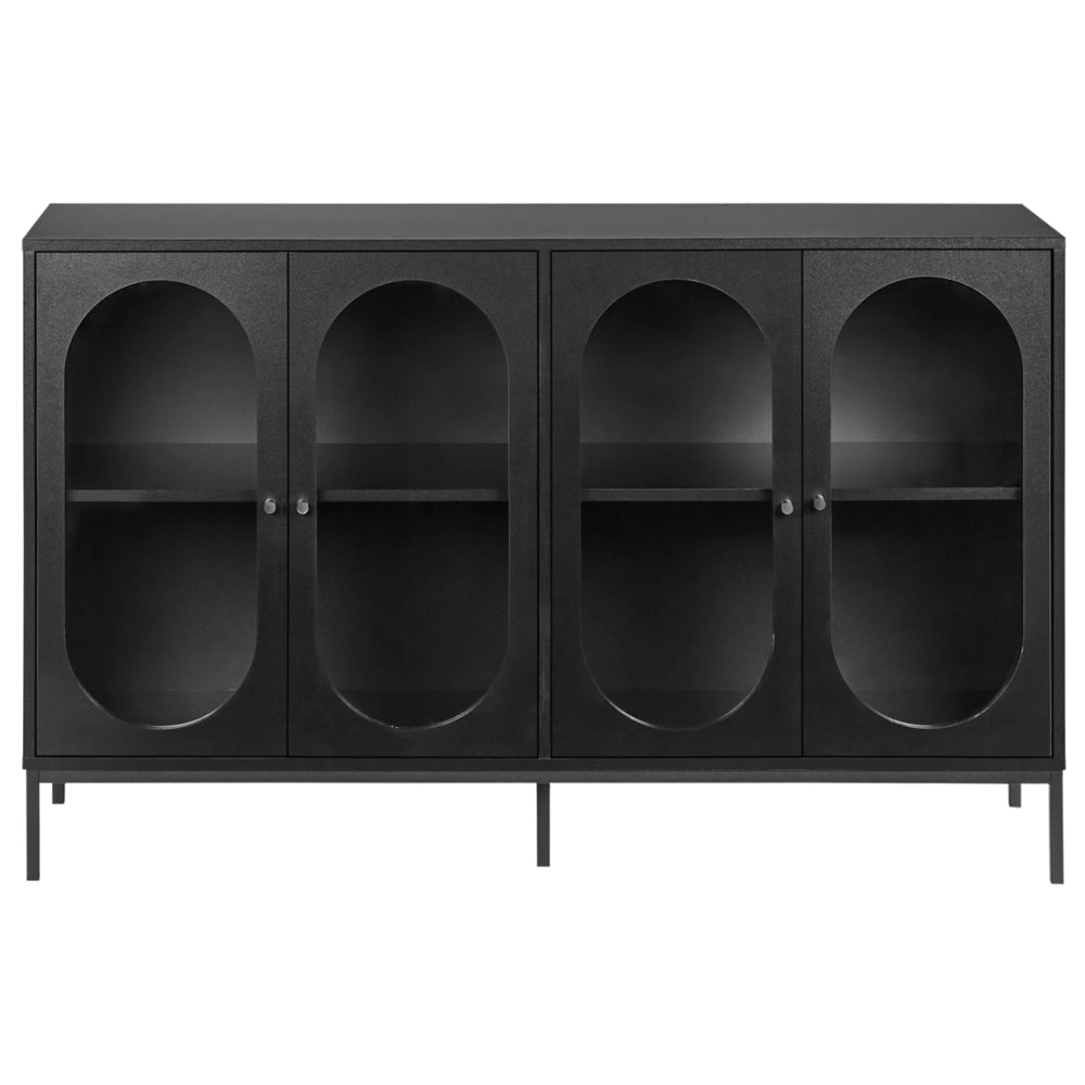 Credenza in truciolato nero in vetro temperato con ripiani gambe in ferro Sala da pranzo Elegante