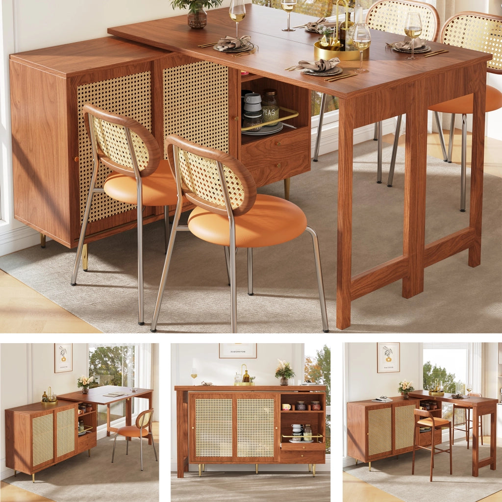 Mobile Bar con Anta in Rattan; Cassetto e Ripiani Aperti; Piano Girevole ed Estensibile; in MDF; 107 x 40 x 71;4 cm