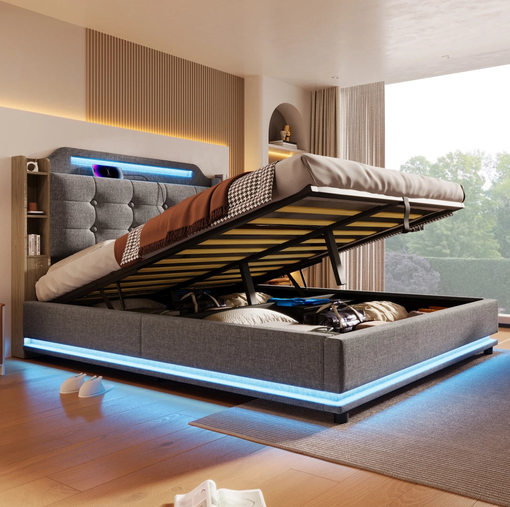 Letto imbottito 140x200 cm grigio con LED, USB-C e contenitore