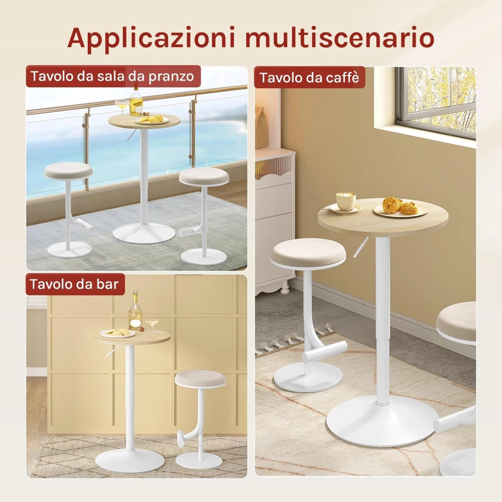 Tavolo Alto da Bar Girevole a 360°, Tavolino Rotondo in Legno e Metallo, Tavolo Regolabile in Altezza 70-91cm, da Cucina, Soggiorno, Rovere Chiaro + Bianco
