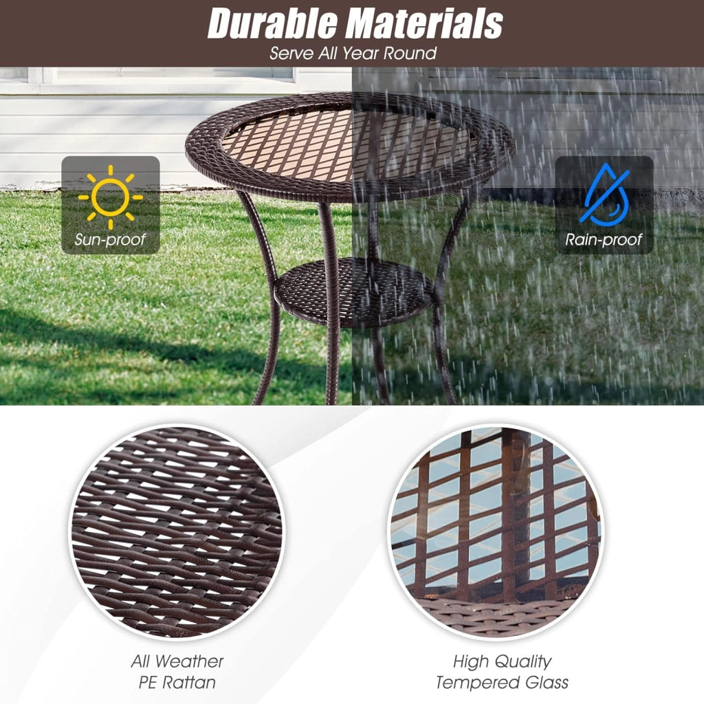 Tavolo Appoggio da Giardino, a 2 Ripiani, Rotondo, Tavolino Esterno in Rattan e Vetro, Resistente all'Intemperie, Portata di 35 kg, per Piscina/Patio/Balcone, 64 x 71,5 cm