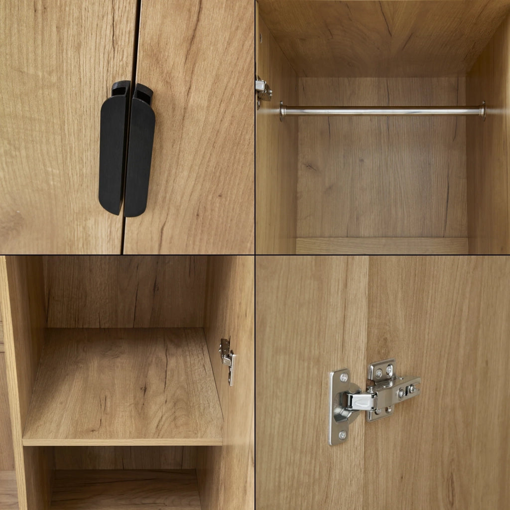Armadio moderno per camera da letto mobile contenitore senza tempo con 2 aste appendiabiti 4 ripiani e 3 cassetti in MDF 176 x 120 x 52 cm effetto rovere 03_0006374