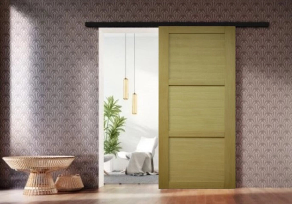 Porta scorrevole a 3 pannelli impiallacciata Ayous H204 x L73 + guida a fascia nera