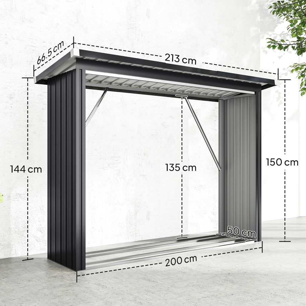 Capanno Portalegna in Acciaio da Esterno, Base Rialzata e Tetto Inclinato, 213x66.5x150 cm, Grigio Scuro