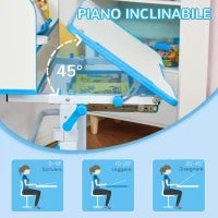 Banco Scuola per Bambini 6-12 Anni Regolabile con Luce LED, Leggio e Portapenne, in MDF, PP e Acciaio, Azzurro