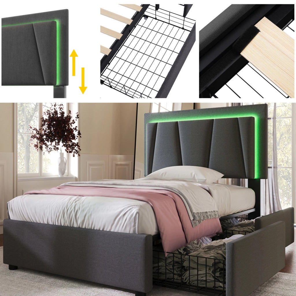 OKWISH Letto con Cassetti 90×200 cm, Letto Singolo con Testiera Regolabile, LED Regolabile e 2 Cassetti, senza Materasso, Grigio