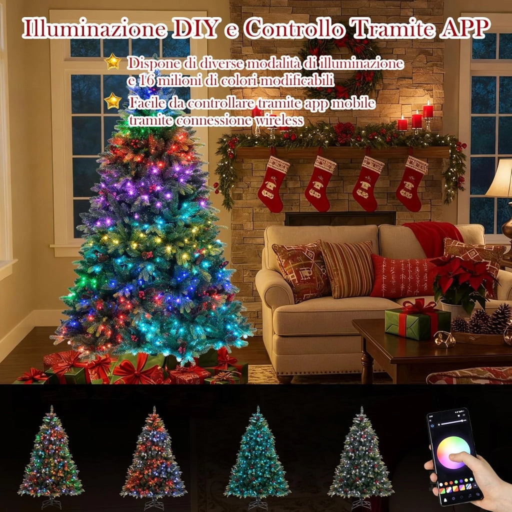 Albero di Natale Artificiale 180 cm, con 370 Luci RGB Multicolori Controllabili tramite APP, 1054 Rami in PE & PVC, 41 Pigne e 41 Bacche Rosse e Controllo Remoto (180 cm)