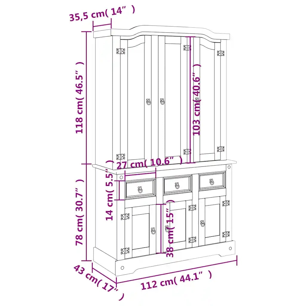 Credenza Corona Bianca 112x43x196 cm in Legno di Pino Messicano 355086