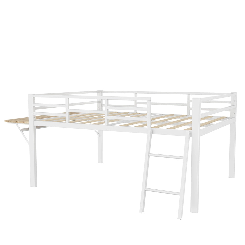 Letto a soppalco 140x200 cm - Xylo - Bianco, Struttura metallica, Scrivania integrata, Luci LED con telecomando