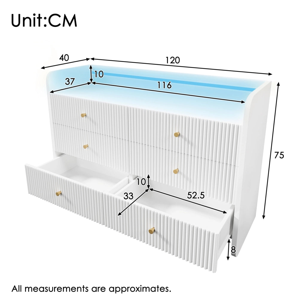 Credenza bianca con LED, 6 cassetti e design a onde, 120 x 40 x 75 cm
