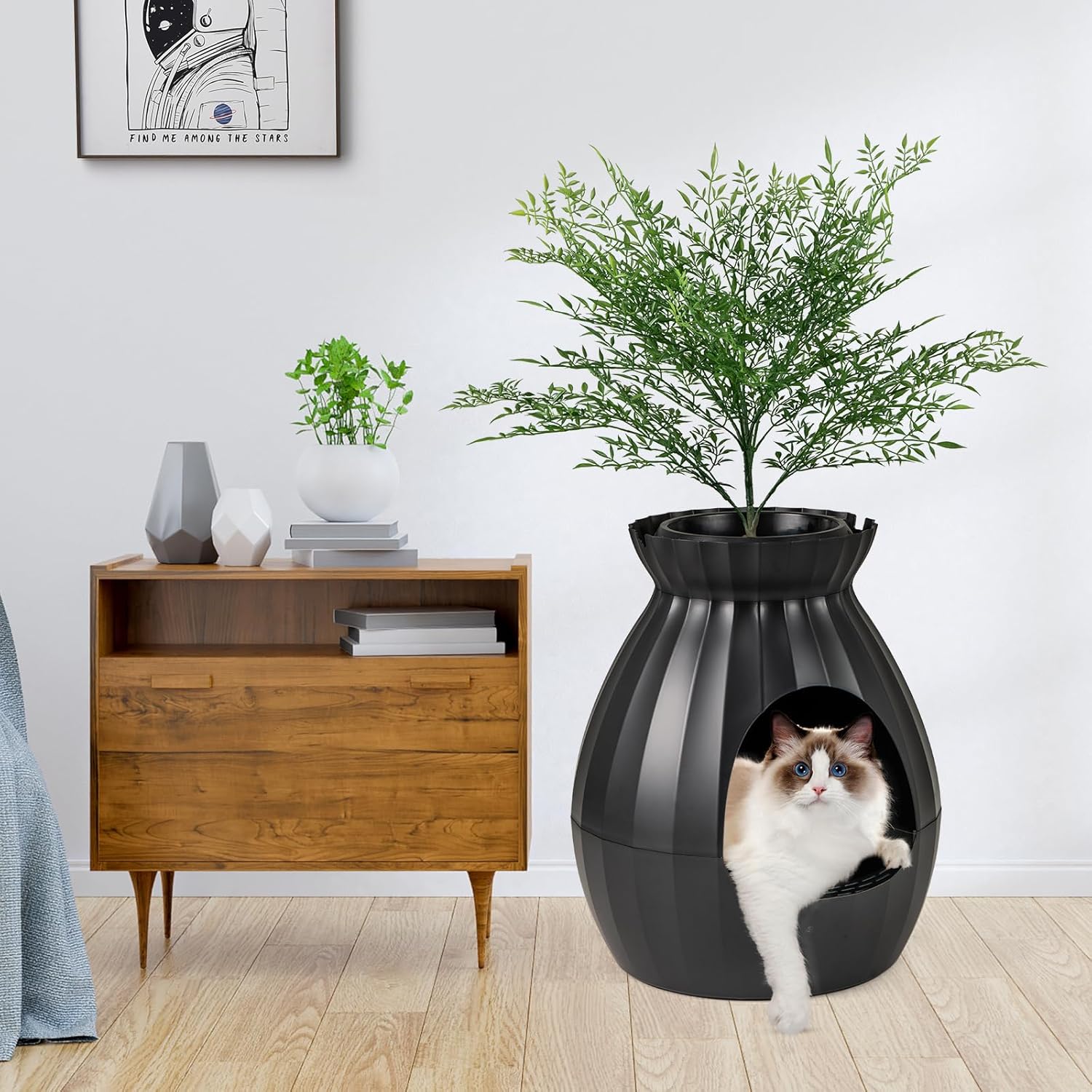 Lettiera per Gatti Smart con Rimozione Elettronica degli Odori e Sterilizzazione, Pianta Finta, Ciottoli, Tenda per la Porta, Paletta, Adatta per Gatti Grandi e Cuccioli (Nero)