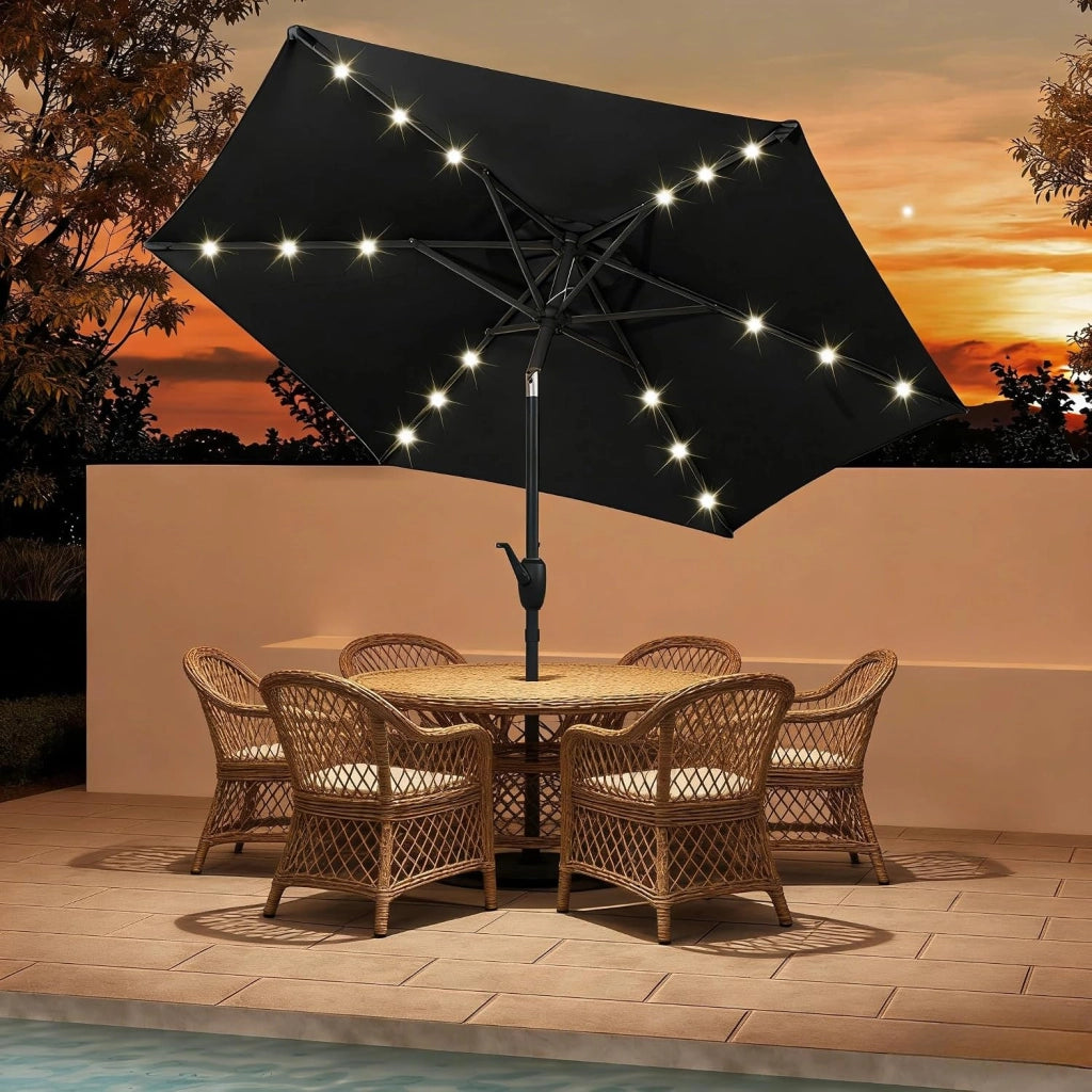 Ombrellone da Giardino con LED 230 cm, Ombrellone da Spiaggia Inclinabile e Portatile, con 6 Aste e Manovella in Metallo, Anti UV, da Esterno per Patio, Piscina, Mercato, Terrazzo
