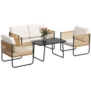 Set giardino 4 pezzi con divano 2 posti, 2 poltrone, tavolino in vetro e cuscini ¨C zephmum ¨C crema bianco