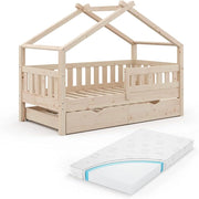 Letto montessori bambini Design, Legno naturale, 80x160 cm con letto per ospiti e materasso, adatto come area giochi e zona notte per bambini