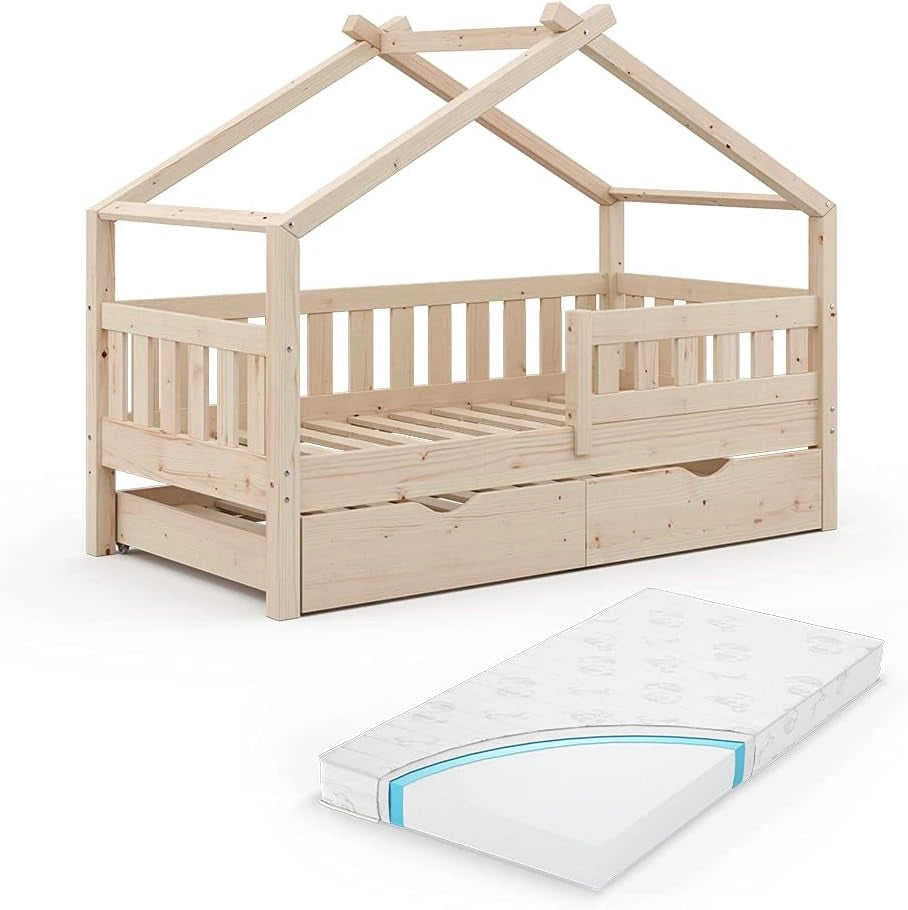 Letto montessori bambini Design, Legno naturale, 80x160 cm con letto per ospiti e materasso, adatto come area giochi e zona notte per bambini