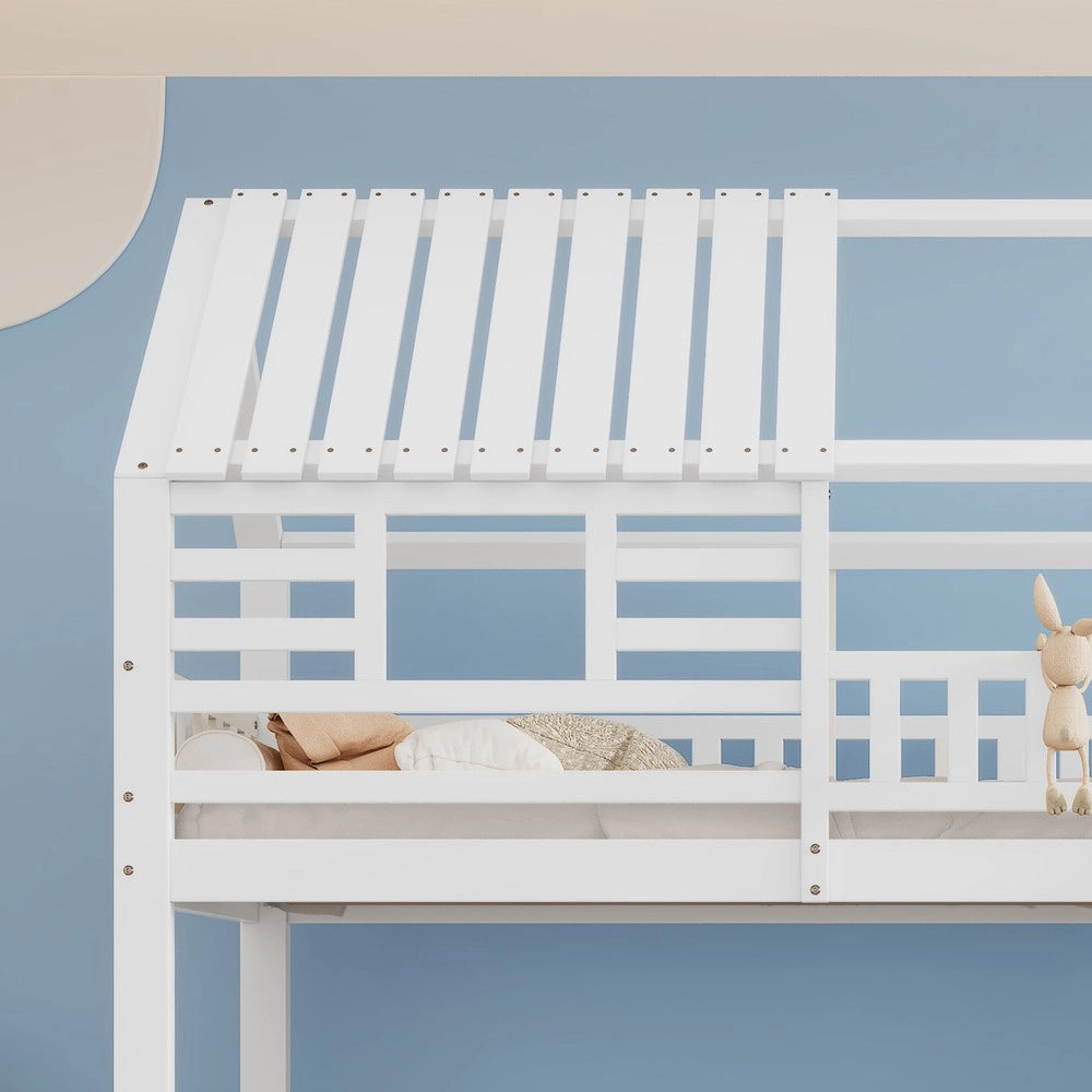 Letto a Castello con Scivolo e Scala con Vano ¨C MINIMAL ¨C Pino/MDF, Bianco, 90x200