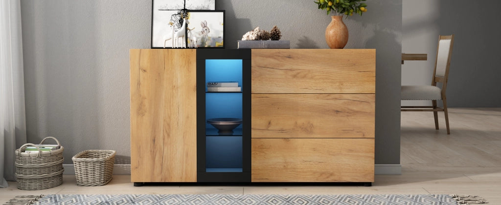 Credenza Moderna 140 cm Mobile Buffet Nero e Marrone con 3 Cassetti e Luci LED