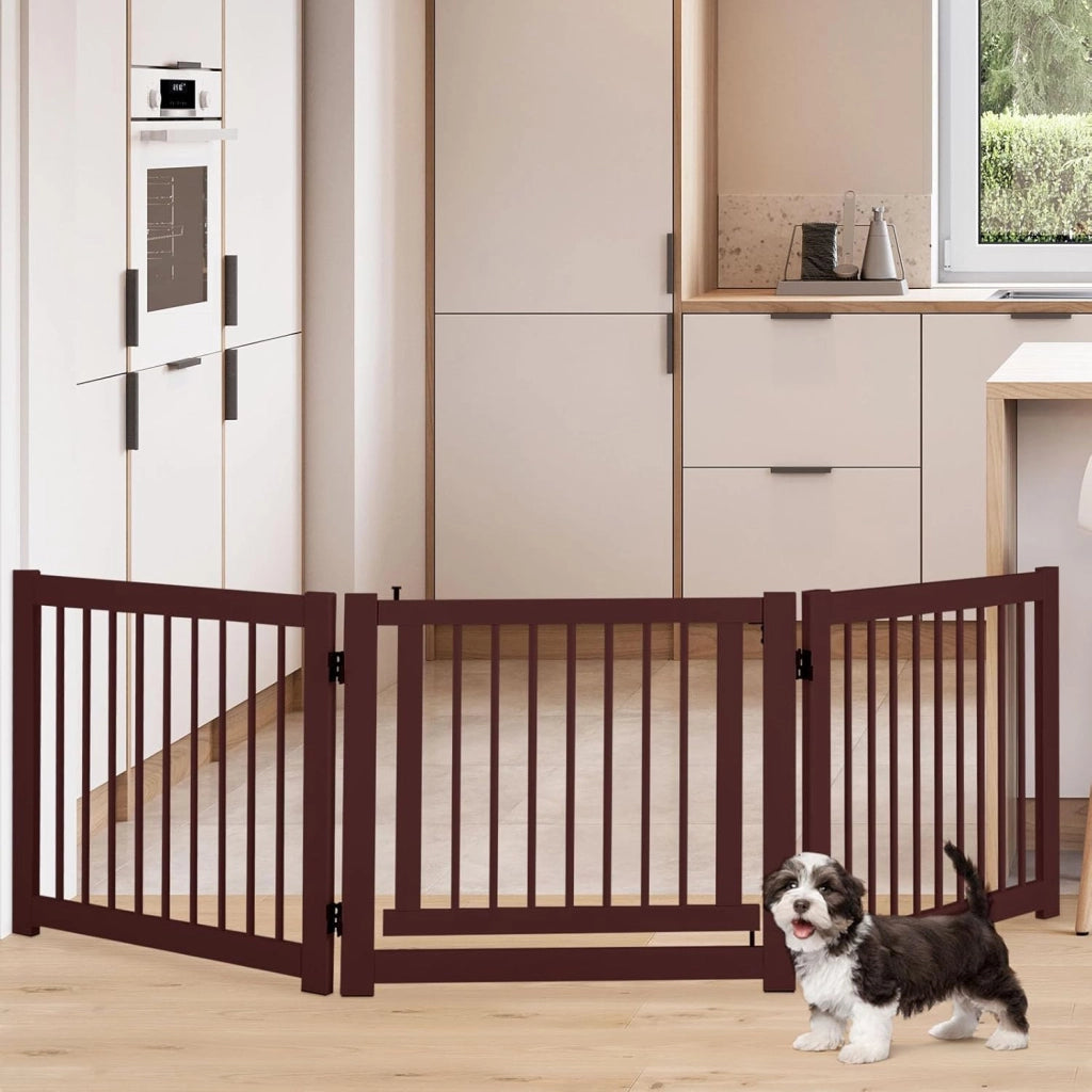 Cancelletto per Cani Pieghevoli 210 x 61 cm, Barriera per Cani in Legno a 3 Pannelli con Porta a Serratura, Recinzione per Scale, Ingressi e Corridoi (Marrone)