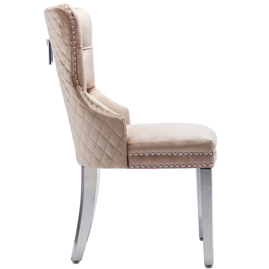 Sedia da pranzo imbottita in velluto beige con struttura in metallo e schienale decorativo