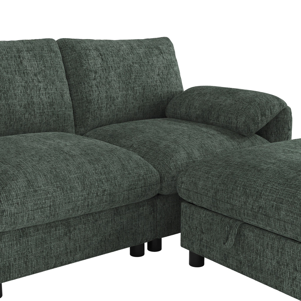 Divano modulare angolare 6 posti con 2 pouf contenitore; USB Type-C; chenille verde