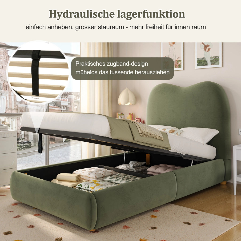 OKWISH Letto contenitore 90×200 cm, Letto Singolo con Vano Contenitore, Testiera Imbottita e Struttura Integrata, senza Materasso, in Velluto, Verde