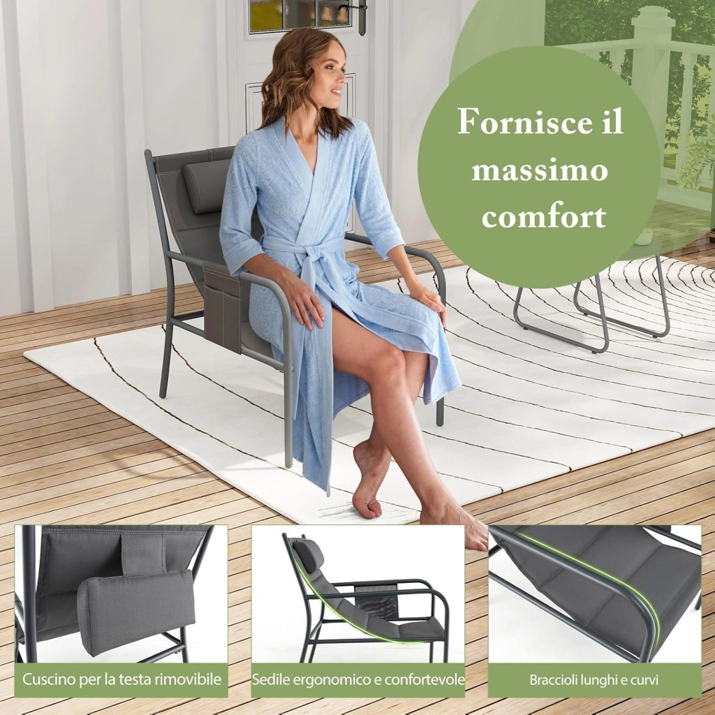 Set da Bistro per Giardino a 3 Pezzi, Sedie e Tavolino da Caffè in Metallo per Patio, Sedie con Poggiatesta, Set in Metallo per Cortile, Sedia Portata 150 kg, Tavolino Portata 50 kg