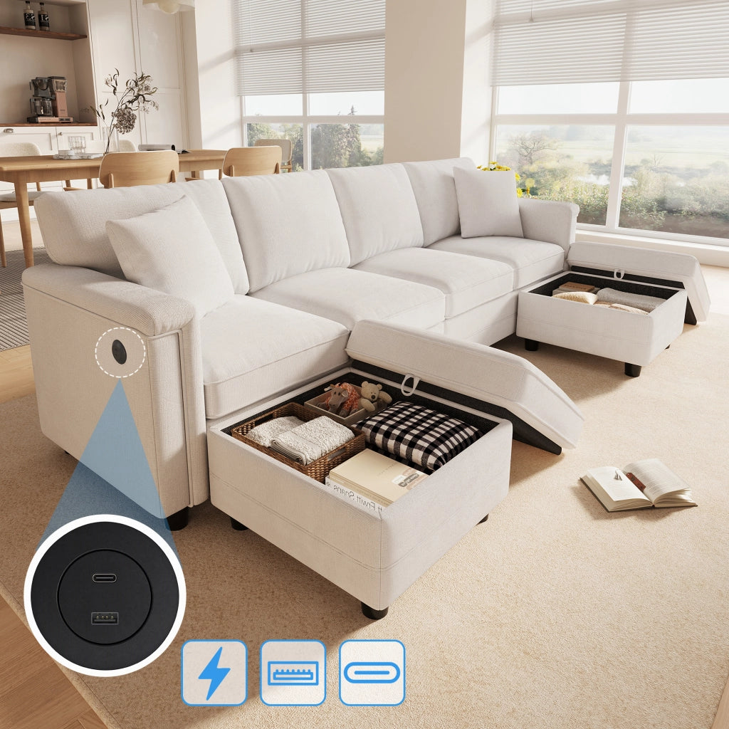 Divano modulare beige 261x134x82 cm con pouf contenitore; USB e Type-C