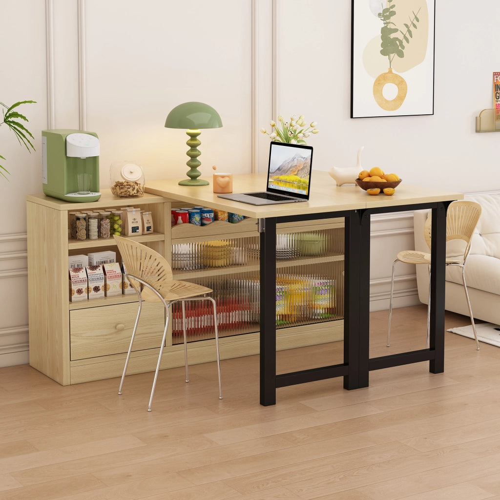 Tavolo da Pranzo Allungabile Pieghevole con Vano ¨C MINIMAL ¨C Rotante 360¡ã, Natura/Nero