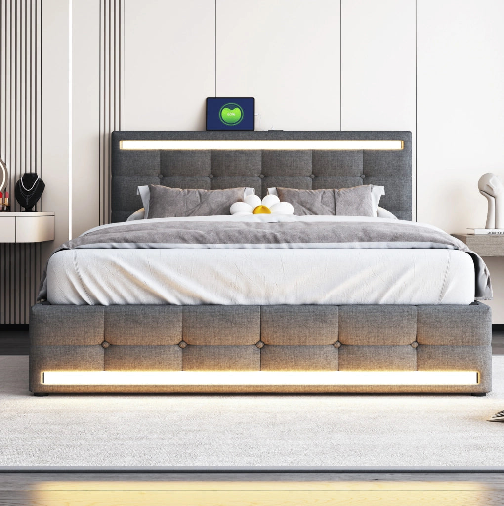 Letto imbottito 140x200 cm con LED e USB; con 4 cassetti; grigio