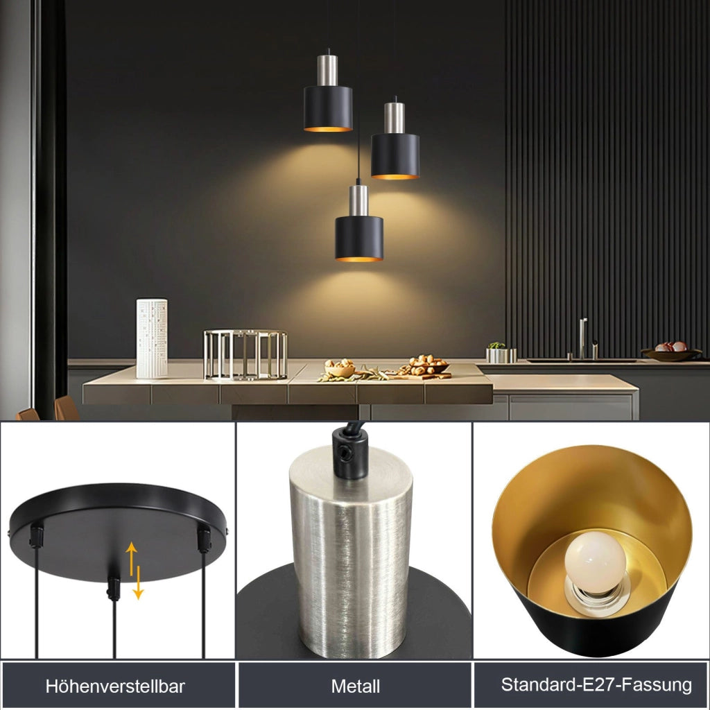 Lampada a sospensione ZMH da tavolo da pranzo E27 lampada a sospensione vintage 3 lampadine oro nero